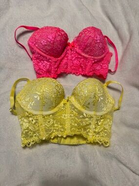 Victoria's Secret Lace Longline Bralettes in Hot Pink & Bright Yellow